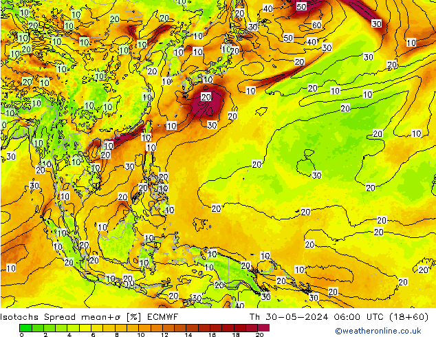 Isotachs Spread ECMWF чт 30.05.2024 06 UTC