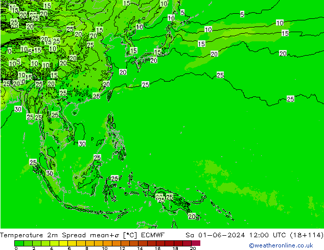 Temperature 2m Spread ECMWF Sa 01.06.2024 12 UTC