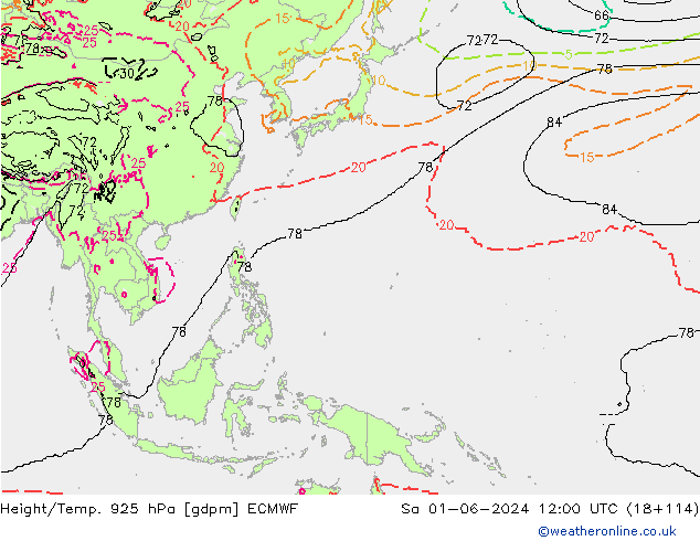 Height/Temp. 925 hPa ECMWF Sa 01.06.2024 12 UTC