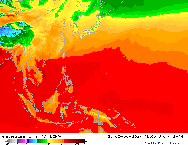 Temperature (2m) ECMWF Su 02.06.2024 18 UTC