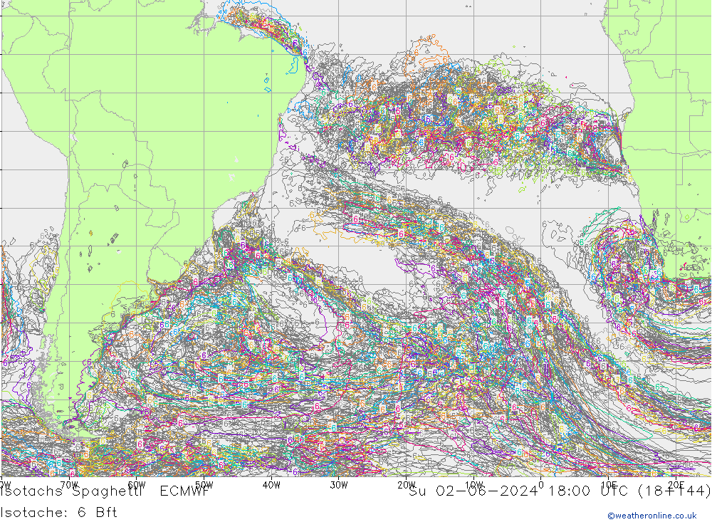 Isotachs Spaghetti ECMWF dom 02.06.2024 18 UTC