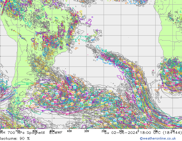 RH 700 hPa Spaghetti ECMWF So 02.06.2024 18 UTC