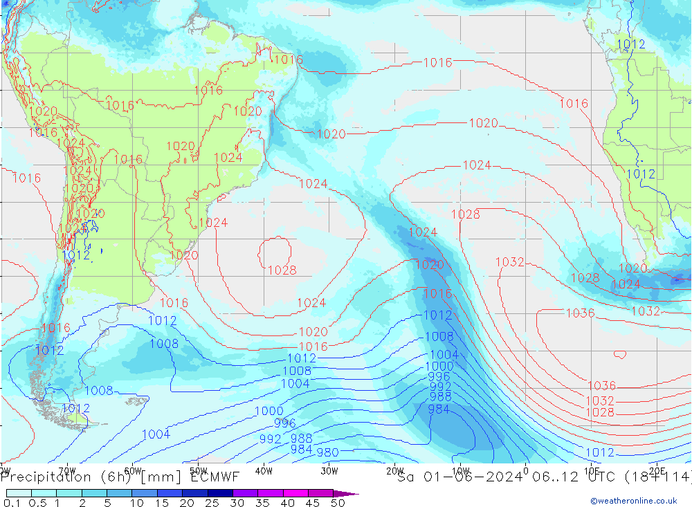 Precipitation (6h) ECMWF Sa 01.06.2024 12 UTC