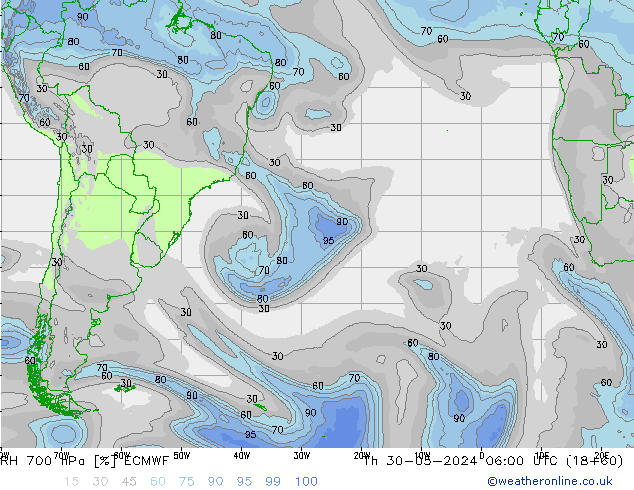 Humidité rel. 700 hPa ECMWF jeu 30.05.2024 06 UTC