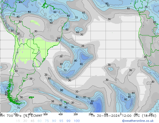 RH 700 hPa ECMWF Qui 30.05.2024 12 UTC