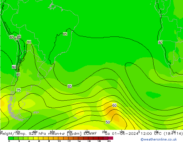 Height/Temp. 925 hPa ECMWF Sa 01.06.2024 12 UTC