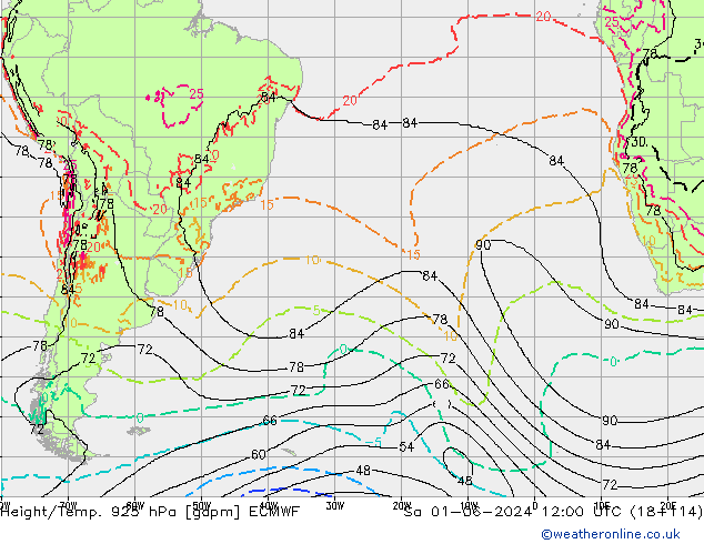 Height/Temp. 925 hPa ECMWF Sa 01.06.2024 12 UTC