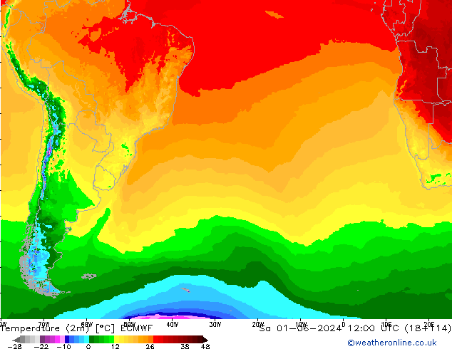 Temperaturkarte (2m) ECMWF Sa 01.06.2024 12 UTC