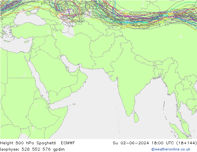 Height 500 hPa Spaghetti ECMWF Su 02.06.2024 18 UTC