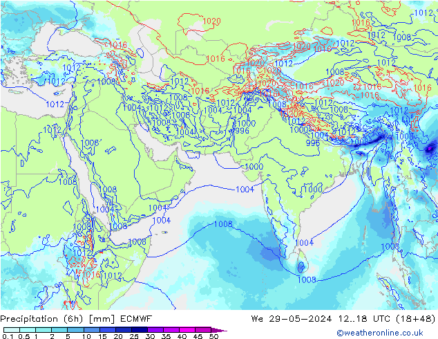 Totale neerslag (6h) ECMWF wo 29.05.2024 18 UTC