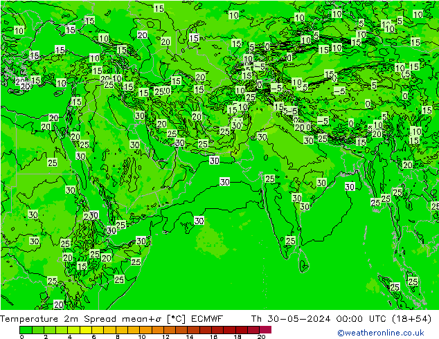 Temperatura 2m Spread ECMWF gio 30.05.2024 00 UTC