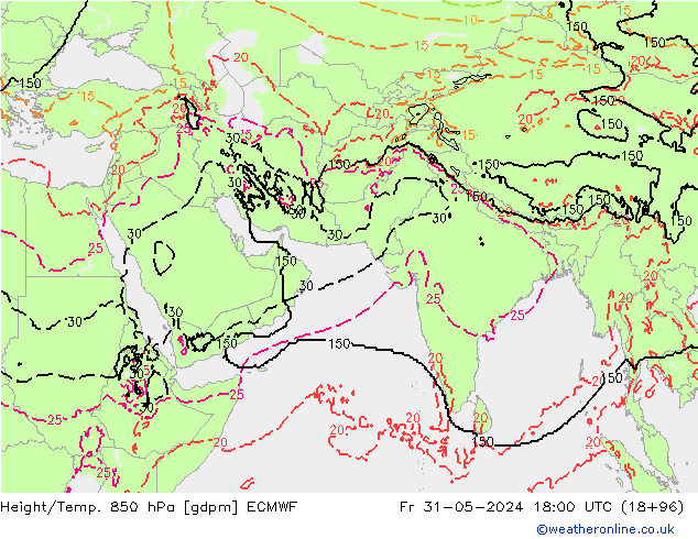 Height/Temp. 850 hPa ECMWF Pá 31.05.2024 18 UTC