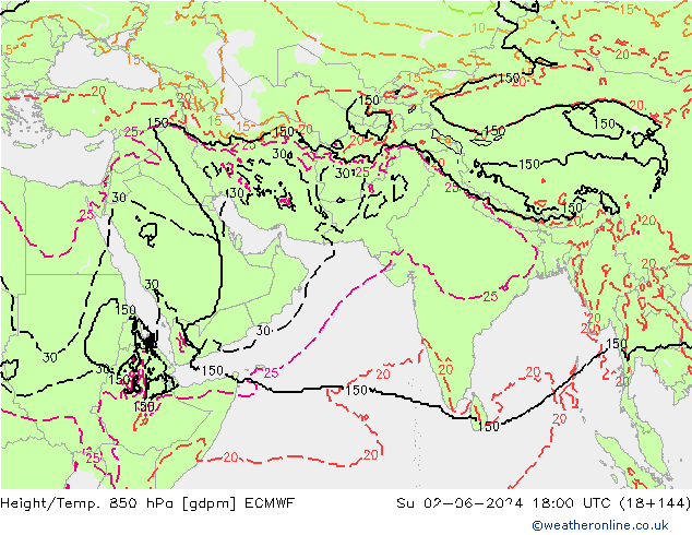 Geop./Temp. 850 hPa ECMWF dom 02.06.2024 18 UTC