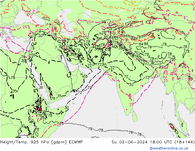 Height/Temp. 925 hPa ECMWF Ne 02.06.2024 18 UTC