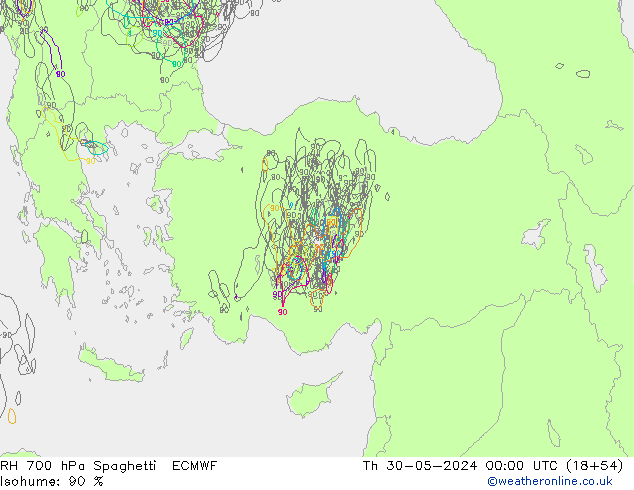 RH 700 hPa Spaghetti ECMWF Th 30.05.2024 00 UTC
