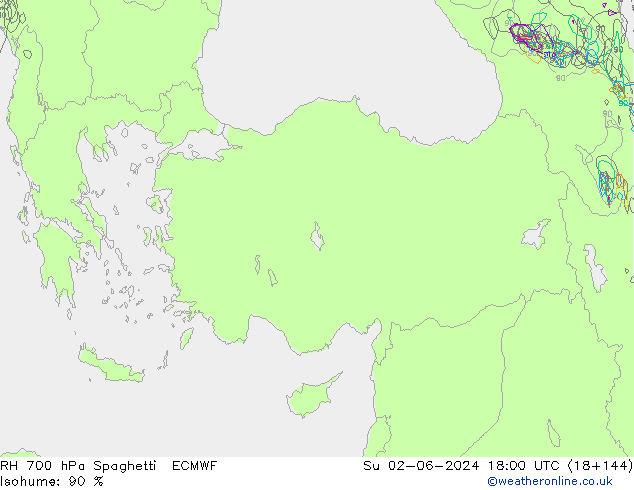 RH 700 hPa Spaghetti ECMWF Su 02.06.2024 18 UTC