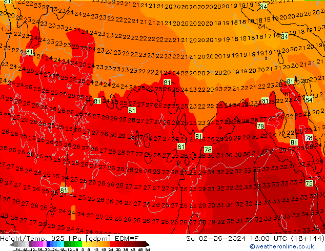 Géop./Temp. 925 hPa ECMWF dim 02.06.2024 18 UTC