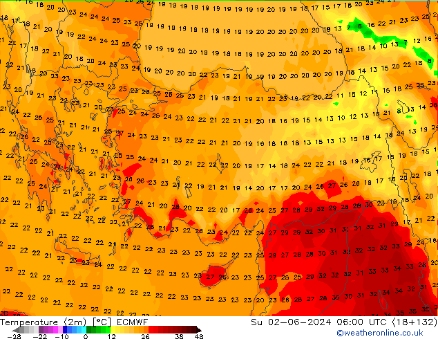 Temperature (2m) ECMWF Ne 02.06.2024 06 UTC