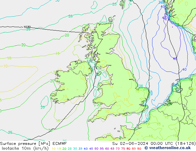 Isotachen (km/h) ECMWF So 02.06.2024 00 UTC