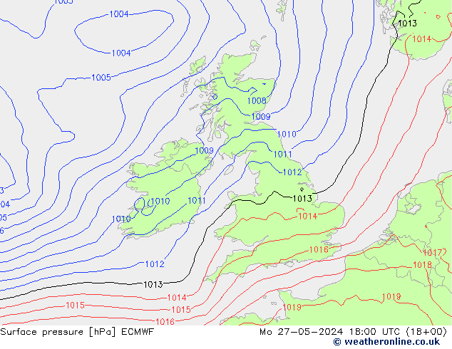 Surface pressure ECMWF Mo 27.05.2024 18 UTC