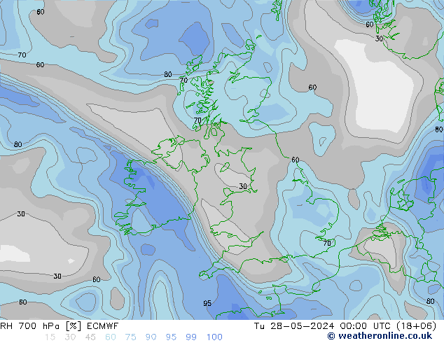 RH 700 гПа ECMWF вт 28.05.2024 00 UTC