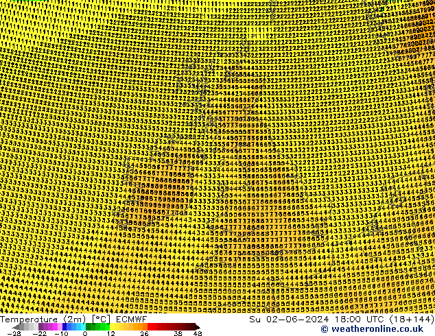 mapa temperatury (2m) ECMWF nie. 02.06.2024 18 UTC