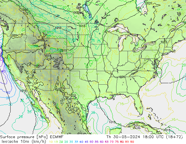 Isotachs (kph) ECMWF чт 30.05.2024 18 UTC