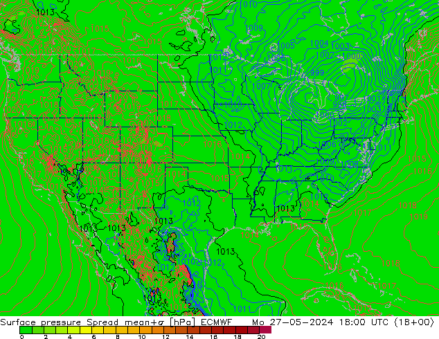 Surface pressure Spread ECMWF Mo 27.05.2024 18 UTC