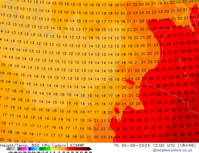 Géop./Temp. 850 hPa ECMWF jeu 30.05.2024 12 UTC