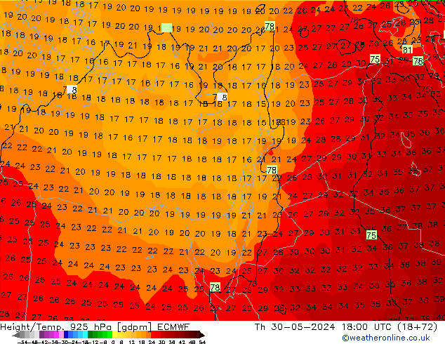 Height/Temp. 925 hPa ECMWF Qui 30.05.2024 18 UTC