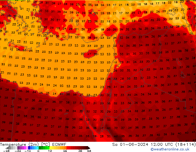 Temperatuurkaart (2m) ECMWF za 01.06.2024 12 UTC