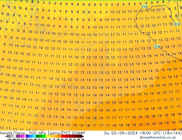 Height/Temp. 700 hPa ECMWF nie. 02.06.2024 18 UTC