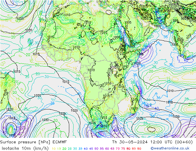 Isotachs (kph) ECMWF  30.05.2024 12 UTC