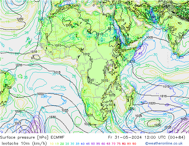 Isotachs (kph) ECMWF Fr 31.05.2024 12 UTC