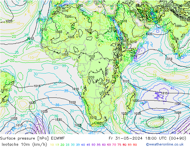 Isotachs (kph) ECMWF  31.05.2024 18 UTC