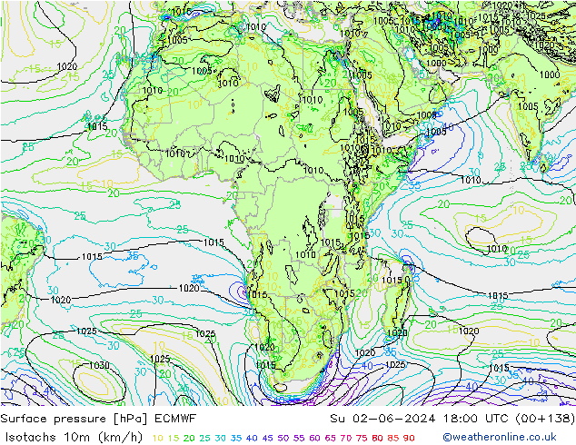 Isotachs (kph) ECMWF Dom 02.06.2024 18 UTC