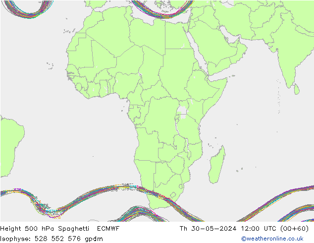 Height 500 гПа Spaghetti ECMWF чт 30.05.2024 12 UTC