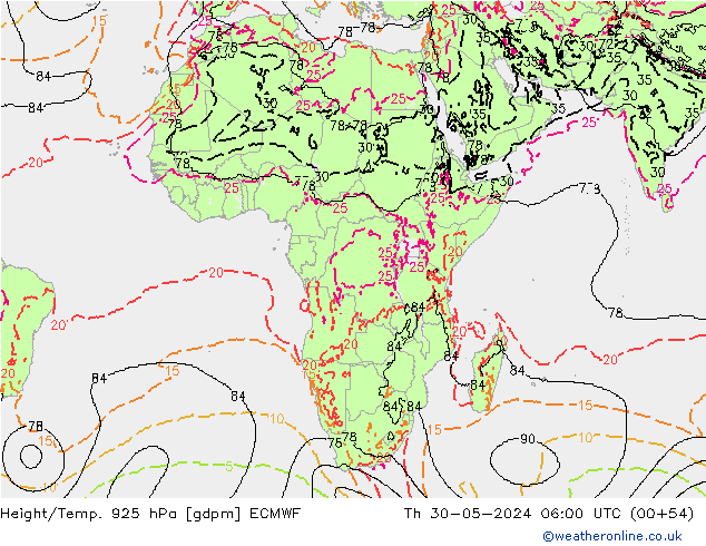 Geop./Temp. 925 hPa ECMWF jue 30.05.2024 06 UTC