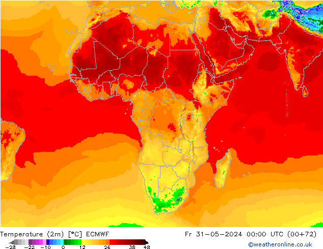 Temperatuurkaart (2m) ECMWF vr 31.05.2024 00 UTC