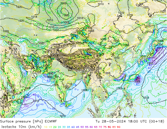 Isotachs (kph) ECMWF mar 28.05.2024 18 UTC