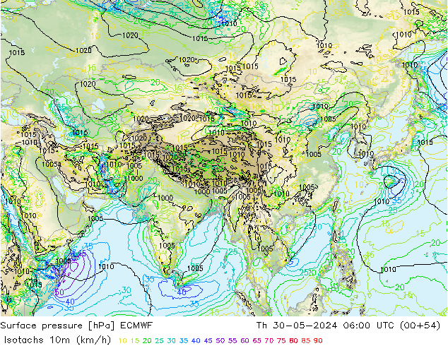 Isotachs (kph) ECMWF Čt 30.05.2024 06 UTC