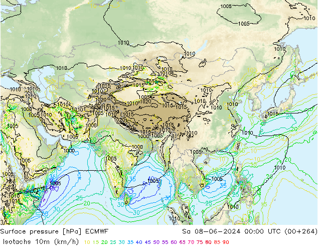 Isotachs (kph) ECMWF Sa 08.06.2024 00 UTC