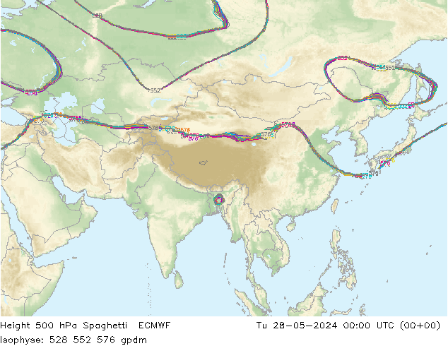 Height 500 hPa Spaghetti ECMWF Út 28.05.2024 00 UTC