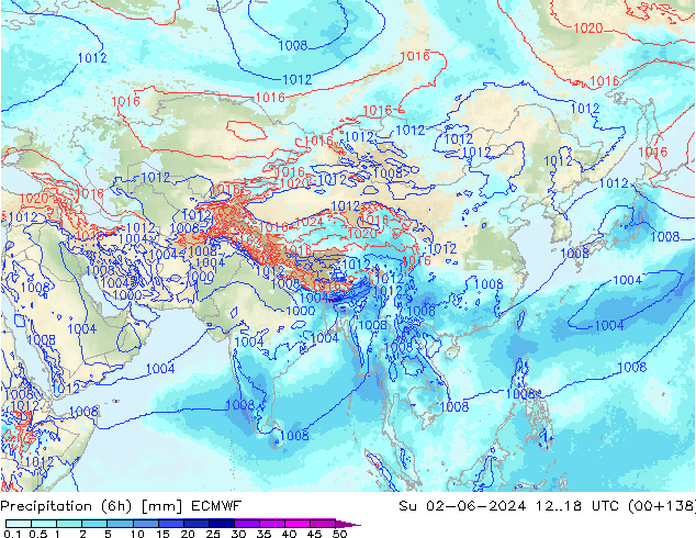 Totale neerslag (6h) ECMWF zo 02.06.2024 18 UTC