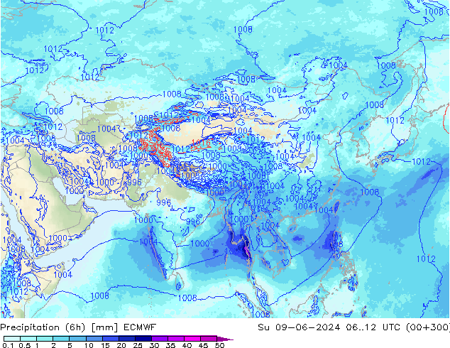 Precipitation (6h) ECMWF Su 09.06.2024 12 UTC