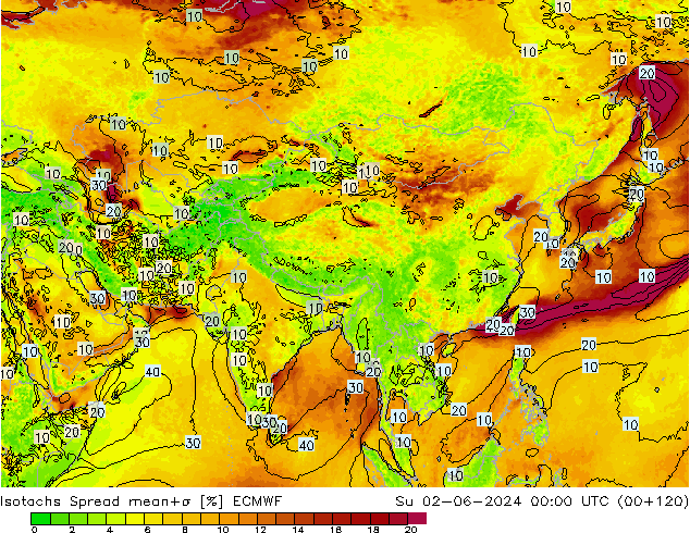 Isotachs Spread ECMWF Su 02.06.2024 00 UTC