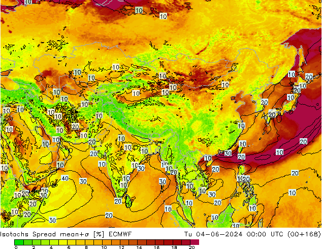 Isotachs Spread ECMWF Tu 04.06.2024 00 UTC