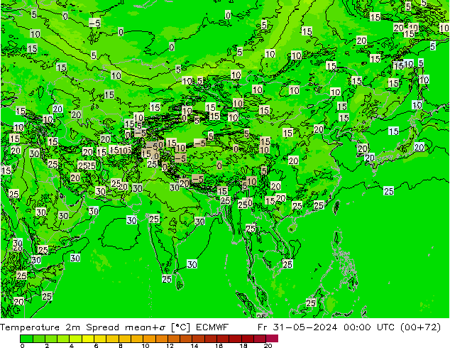 Temperatuurkaart Spread ECMWF vr 31.05.2024 00 UTC