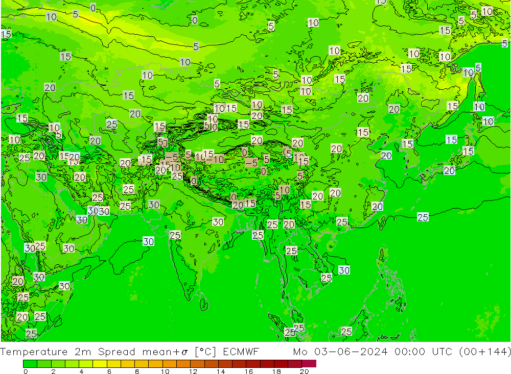 Sıcaklık Haritası 2m Spread ECMWF Pzt 03.06.2024 00 UTC