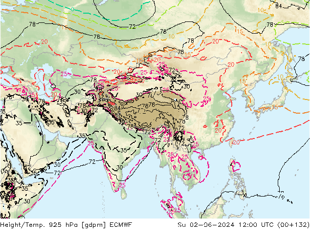 Height/Temp. 925 гПа ECMWF Вс 02.06.2024 12 UTC